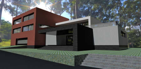 Front entrance to an advanced suburban office building in a tropical park. Porch trim black brick. The sun shines through tall trees. 3d rendering.の写真素材
