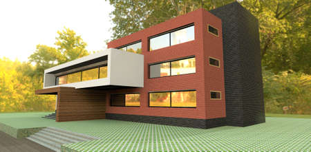 Small office building outside the city. Facade decoration red and black brick. Yellow autumn forest in the background. 3d rendering.の写真素材