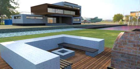 Cozy white brick patio in the yard of a new spacious house on the lake. Models of old aircraft. 3d rendering.の写真素材