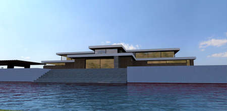 A wide stone staircase descends into the lake. Luxurious modern house with a large terrace and reflective windows. 3d rendering.の写真素材