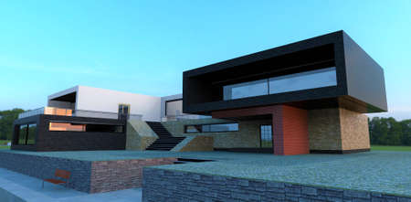 futuristic architecture. The concept of a spacious technological house. Wide staircase, large mirrored windows. Finishing with modern eco-friendly materials. 3d rendering.の写真素材