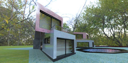 Conceptual design of a futuristic building. Unusual configuration. Finishing marble of different colors. The backyard of the house has a polygonal pool. 3d rendering.の写真素材