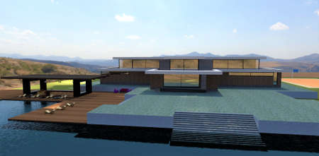 Large modern villa. Patio with pool and wooden terrace. basketball playground. Stunning mountain scenery in the background. 3d rendering.の写真素材