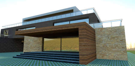 The concept of the front entrance to an advanced country house. specific steps. Finishing the porch facade board. Sliding automatic glass doors. 3d rendering.の写真素材