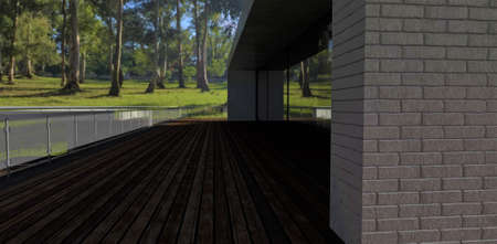 House in the jungle. Sloping terrace covered with wooden decking. glass and metal railings. mirror windows. White brick wall decoration. 3d rendering.の写真素材