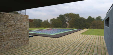 Inner courtyard of a country house. Blueprint is a square concrete tile. Wall decoration natural slate. Decking around the pool. 3d rendering.の写真素材