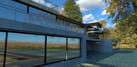 autumn landscape. Bright blue sky with clouds. The facade of a modern office, finished with concrete and reflective windows. long fenced terraces. 3d rendering.の写真素材