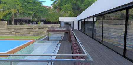 Terrace of a new hotel in Thailand. Buildings of an old Buddhist temple. Large pool with blue water. tropical palms. 3d rendering.の写真素材