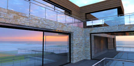 Reflection of the stunning morning surf in the mirrored windows of a modern oceanfront hotel. Finishing of a facade natural slate. 3d rendering.の写真素材