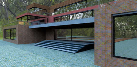 Advanced modern house in a dense forest. Finishing the facade of the old red brick. Finishing the porch visor is concrete. 3d rendering.の写真素材