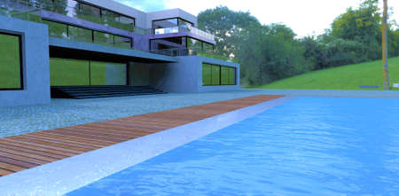 Pool with blue water near the new villa. Bordering white marble. Terrace board. Paving stones natural cobblestone. 3d rendering.の写真素材