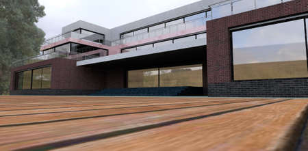 The flooring is brown decking in the yard of an advanced mini hotel. Red brick, marble, entrance to the building. 3d rendering.の写真素材