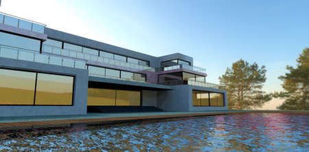 Facade cladding in white and pink marble. The exterior of the modern estate looks beautiful and rich. Excess glass fills the overall design of the designer with meaning. 3d rendering.の写真素材