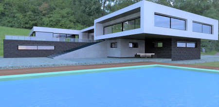 Blue water in the pool. Luxurious modern home. Finishing black and white brick. Terrace board. natural paving stone. Concrete stairs down. 3d rendering.の写真素材