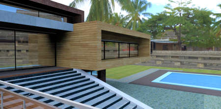 A wide comfortable staircase down to the pool in the courtyard of a wonderful country villa. Wall decoration terrace board. Glass railing with steel fittings. 3d rendering.の写真素材