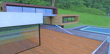 Wooden spacious terrace. glass and steel railing. Mirrored panoramic windows. Staircase down to the pool. 3d rendering.の写真素材