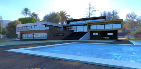 Wonderful concept of a family villa with a swimming pool on a tropical island. Terrace board, blue water, many green palm trees. 3d rendering.の写真素材