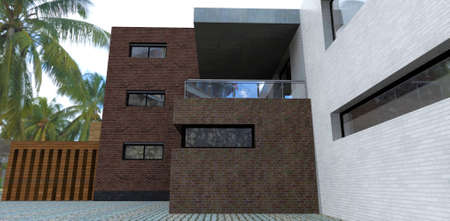 Balcony of a modern residential brick house in a tropical park. glass and steel railing. Wooden patio attached to the wall. Big green palms. 3d rendering.の写真素材