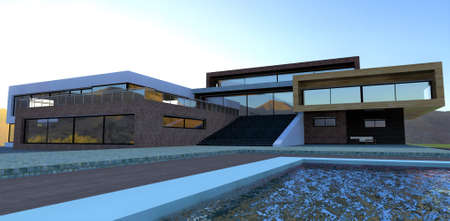 Waves in the pool in the courtyard of a luxury modern hotel. Road from a terraced board. Stone blocks natural granite. blue sunny sky. 3d rendering.の写真素材