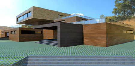 Experiments with wooden exterior. Facing of walls a multi-colored front board. Entrance to the building, porch with a canopy. Above is a glass enclosed terrace. 3d rendering.の写真素材
