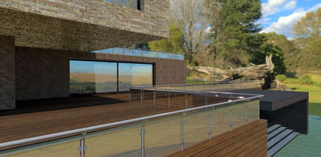 The wooden terrace of a wonderful country house goes well with the wall decoration with a facade board. glass and steel railing. 3d rendering.の写真素材