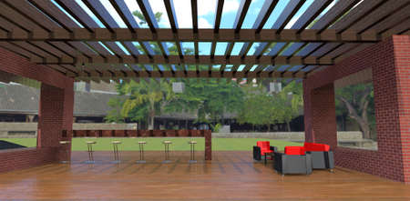 Wonderful patio. Red marble bar with chairs. Red armchairs and sofa. Supports rat brick. Palm trees in the yard. 3d rendering.の写真素材