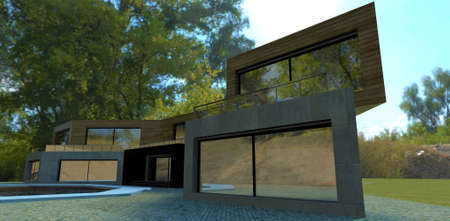 Futuristic country house. Finishing concrete and facade board. Terrace fenced with glass along the entire building. 3d rendering.の写真素材