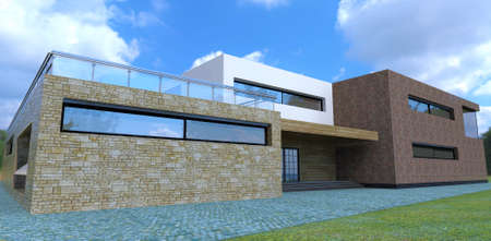 office building design. Finishing old slate. Entrance and damage. Flat roof and fenced terrace. 3d rendering.の写真素材