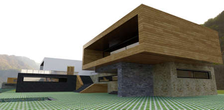 The concept of a futuristic house in the suburbs of Toronto. The facade board gives the exterior a homely look. Slate makes the building more solid. 3d rendering.の写真素材