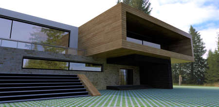 The concept design of the cladding of a country villa. The front board is combined with slate. lawn pavement. wide concrete stairs. 3d rendering.の写真素材