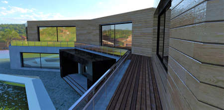 The concept of the exterior of a country building. wooden facade. Terrace board flooring. Large reflective windows. Fence tempered glass and aluminum. 3d rendering.の写真素材