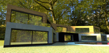 The concept of a building of an unusual design. sharp corner. Wall decoration concrete and facade board. Wonderful day in the autumn park. 3d rendering.の写真素材