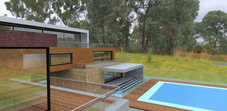 Modern country villa with pool. high tech style. Wall cladding brick, slate, and facade board. Glass enclosed terraces. Reflective side windows. Wonderful forest-steppe nature. 3d rendering.の写真素材