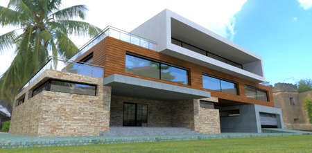Attractive country house design in the old part of Cape Town. Combined exterior finishing with facade board and slate. Entrance to the building. Facing the porch visor with concrete. 3d rendering.の写真素材