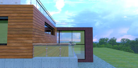 Cozy country house with a wooden facade. Balcony covered decking. glass and metal fence. Spacious transparent gallery. 3d rendering.の写真素材