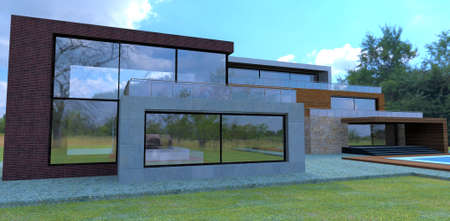 Futuristic concept of a country house. Lots of glass, light and space. Combined exterior cladding with concrete, tiles and facade board. 3d rendering.の写真素材