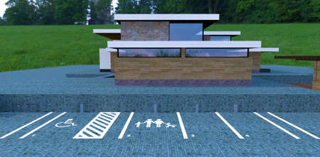 Road markings parking for cars near an advanced country house. Parking spaces for families and the disabled. Steel parking for bicycles. 3d rendering.の写真素材