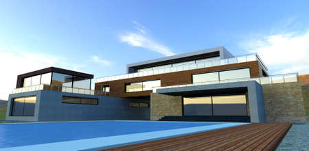 Luxurious country villa with pool. Futuristic style. Wall cladding concrete, slate, and facade board. Glass enclosed terraces. Reflective side windows. 3d rendering.の写真素材
