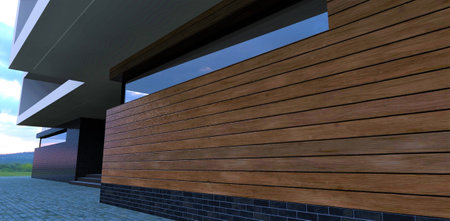 Option to finish the wall with a wooden board. It goes well with a mirrored corner window. Black brick plinth cladding. 3d rendering.の写真素材