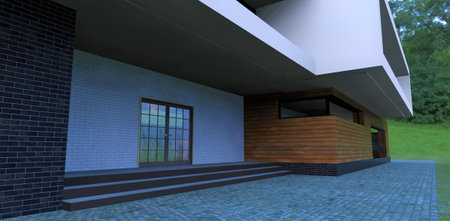 Design option for the entrance to a country building. Wide concrete damage steps. Facade decoration white brick and wood. Transparent swing doors. 3d rendering.の写真素材