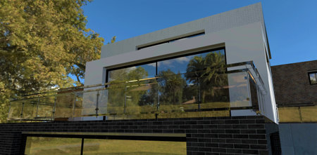 Small terrace fenced with glass. Reflection of palm trees in large mirrored sliding doors. Black brick wall finish. 3d rendering.の写真素材