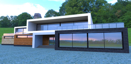 Trendy combined facade design of a modern country house on the hills. Facade board, black brick and old slate. natural paving stone. 3d rendering.の写真素材