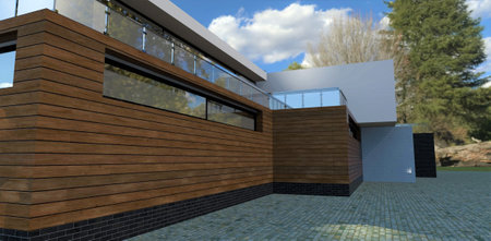 Facade cladding with wood. modern country house. Wonderful terrace with glass railing on the second floor. 3d rendering.の写真素材