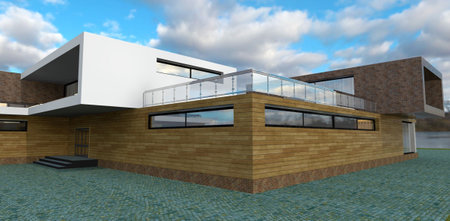 modern country house. Facing facade board. Panoramic terrace with glass railing. Building entrance and damage. Paving stones around. 3d rendering.の写真素材