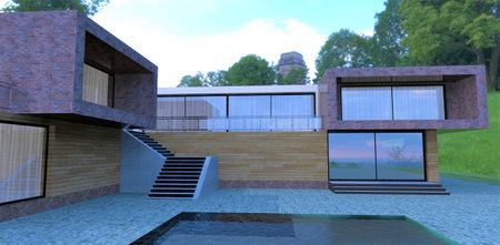 Staircase to the paving yard of a modern country house with a wooden exterior. Entrance to the building. Glass sliding doors. 3d rendering.の写真素材