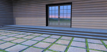 Entrance to contemporary suburban house. Porch is finished with wood. wide stone steps. Pavement consists of concrete square slabs on lawn. 3d rendering.の写真素材