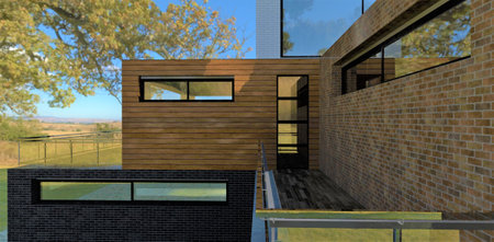 The contemporary country house balcony design. glass fence. Wall finishing is old brick and wood. Terrace board is on the floor. mirror door. 3d rendering.の写真素材