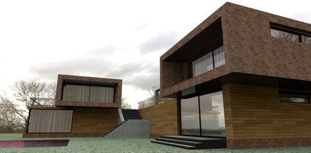 Minimalism style suburban house. The paved courtyard with the pool. Wall finnishing is wood and old brick. Gray autumn sky. 3d rendering.の写真素材