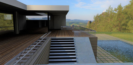 Wooden terrace of a contemporary suburban house with pool on the hilly area. Concrete stair case. Wall finishing is facade board. 3d rendering.の写真素材