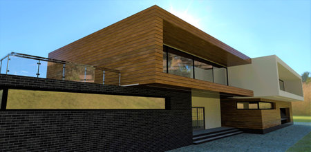 Entrance to contemporary country house. Walls finishing facade board and black brick tile. 3d rendering. coner mirror window,の写真素材